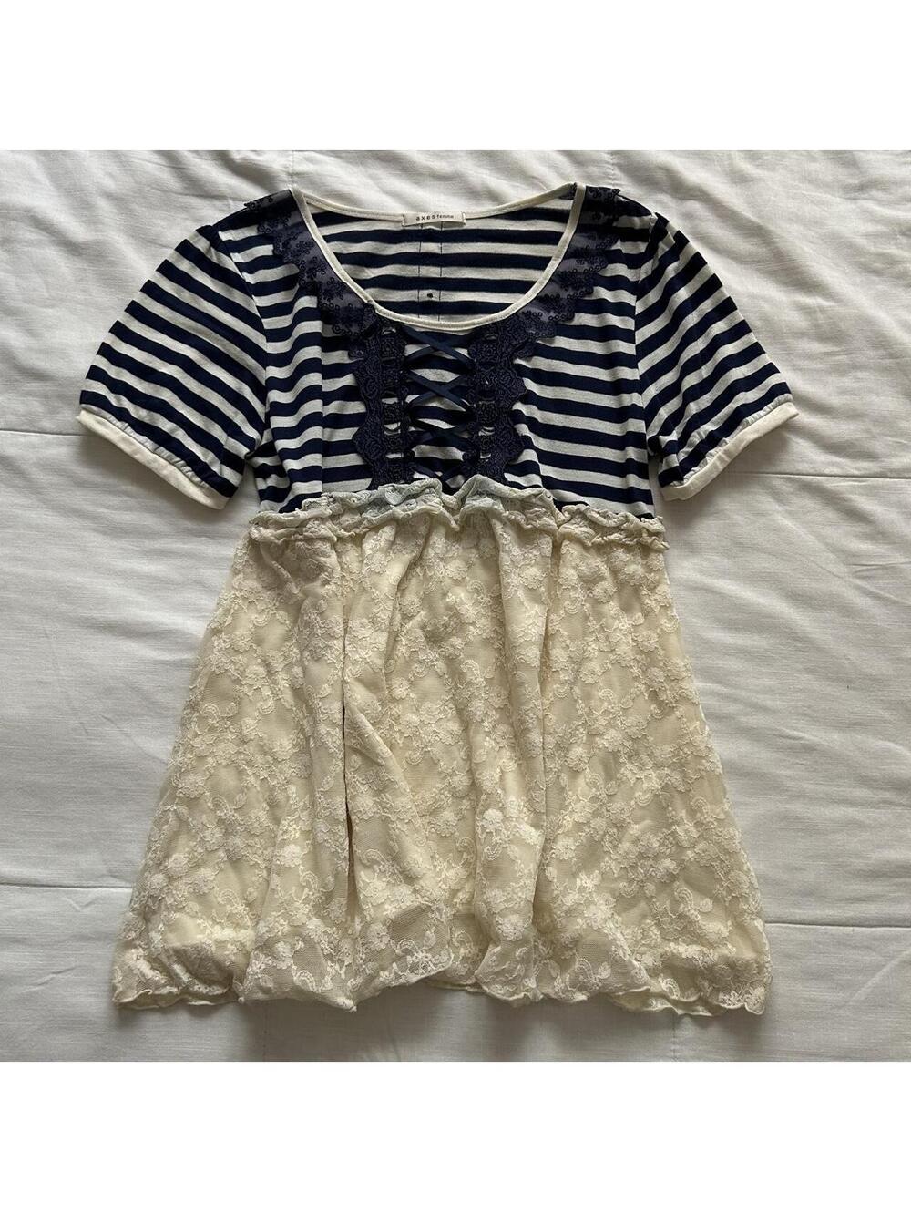 Axes Femme Navy Cream Lace Tunic Top Corset Ribbon Striped M Japan